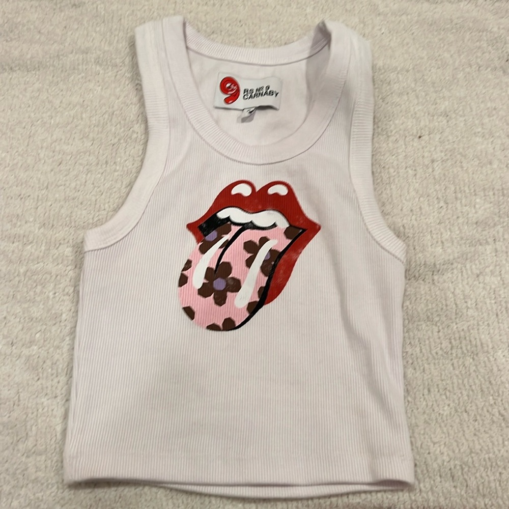 White Graphic Tank Top with Pink Floral Tongue - Rolling Stones Inspired